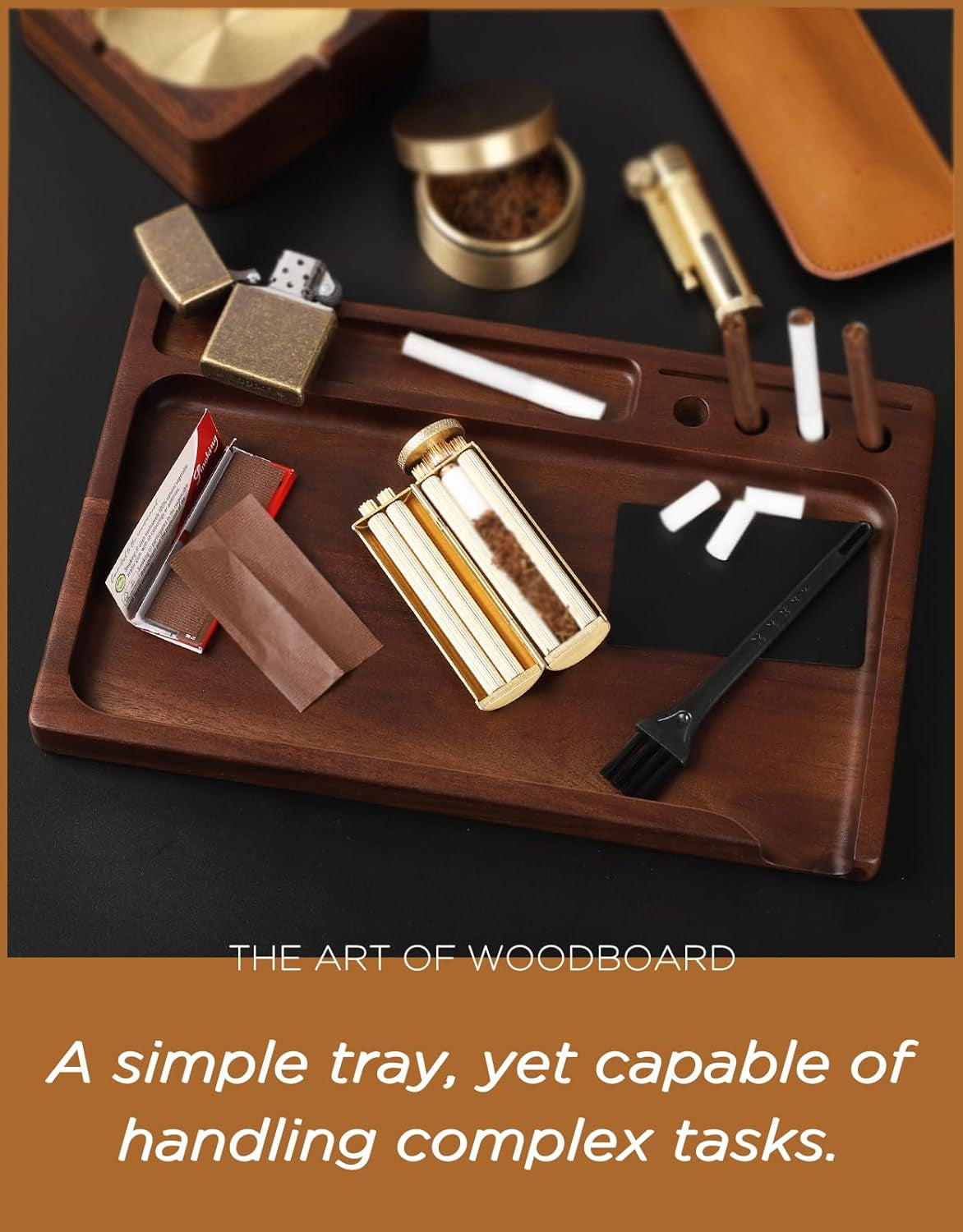 Black Walnut Rolling Tray 11"X7" Tray Rolling Tray Set with Cleaning Brush and Scoop Card - Accessories for Rolling Papers, Grinders - Tray with Smooth Rounded Edges