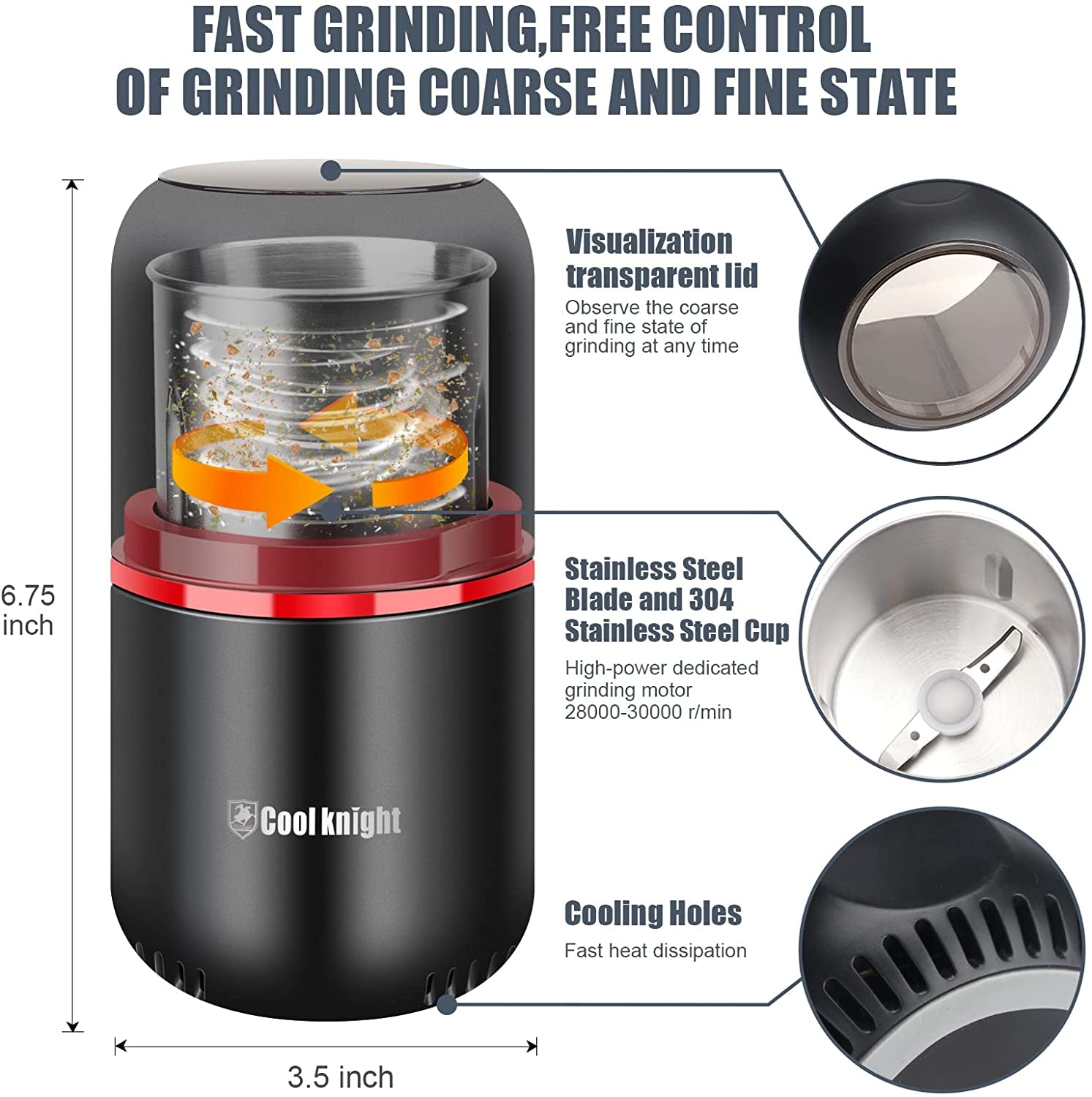 Herb Grinder [Large Capacity/Fast/Electric ]-Spice Herb Coffee Grinder with Pollen Catcher/- 7.5" (Black)
