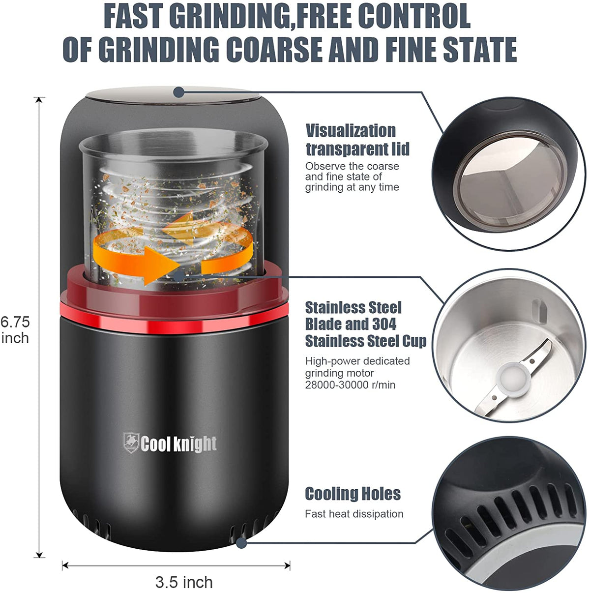 Herb Grinder [Large Capacity/Fast/Electric ]-Spice Herb Coffee Grinder with Pollen Catcher/- 7.5" (Black)