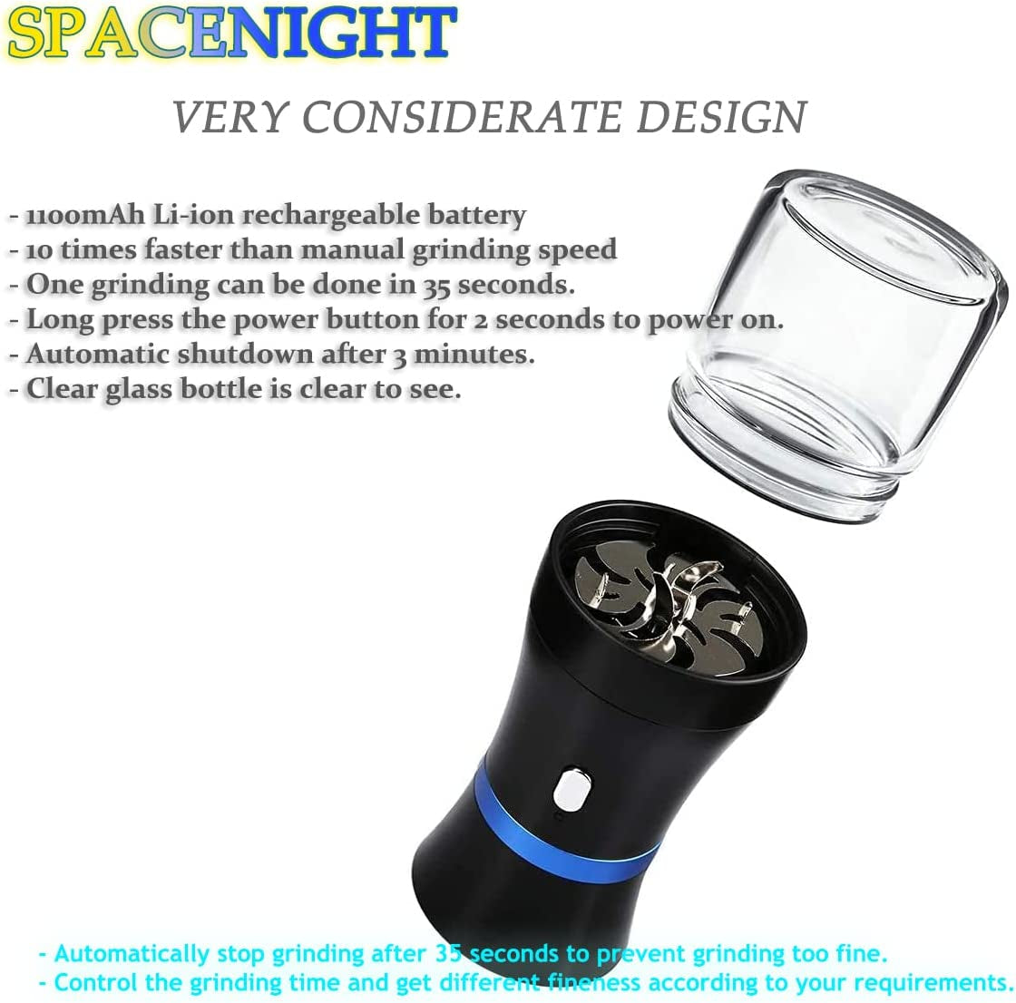 Electric Herb Grinder COMPACT for Flower Buds, Usb-Rechargeable, 2Pcs 1.7Oz Glass Herb Chamber - Ideal for Everyday Carry