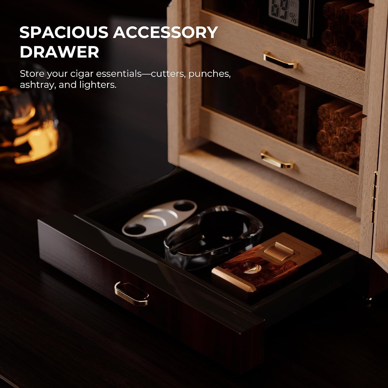 Cigar Humidor, Cigar Humidor Cabinet Airtight Desktop Humidor Accessory Drawer Holds 150 Cigars,3 Cedar Tary Dividers, Magnetic Door Digital Hygrometer Humidifiers,Gift for Men