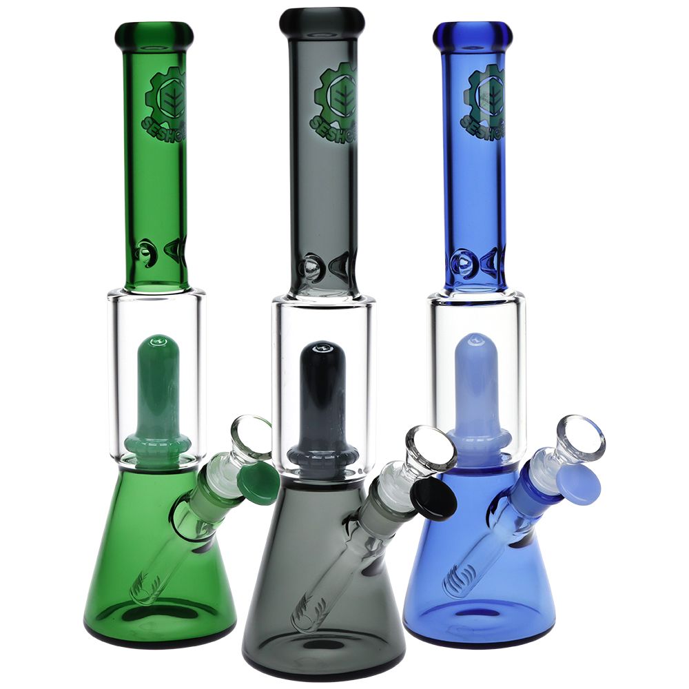 SeshGear Double Chamber Glass Beaker Water Pipe - 12" / 14mm F / Colors Vary - Discreet Smoker