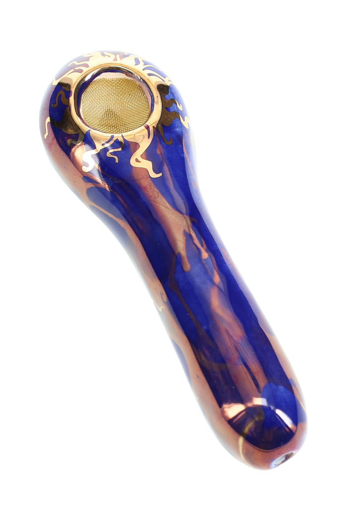 Ancient Creations Ceramics 4″ Ceramic Spoon Hand Pipe – Brass Screen – US-Made, Royal Blue