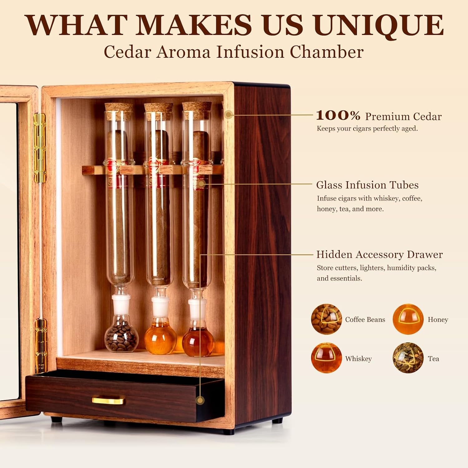 Cigar Flavoring Humidor, 4-Count, Spanish Cedar and Glass Tube Gift