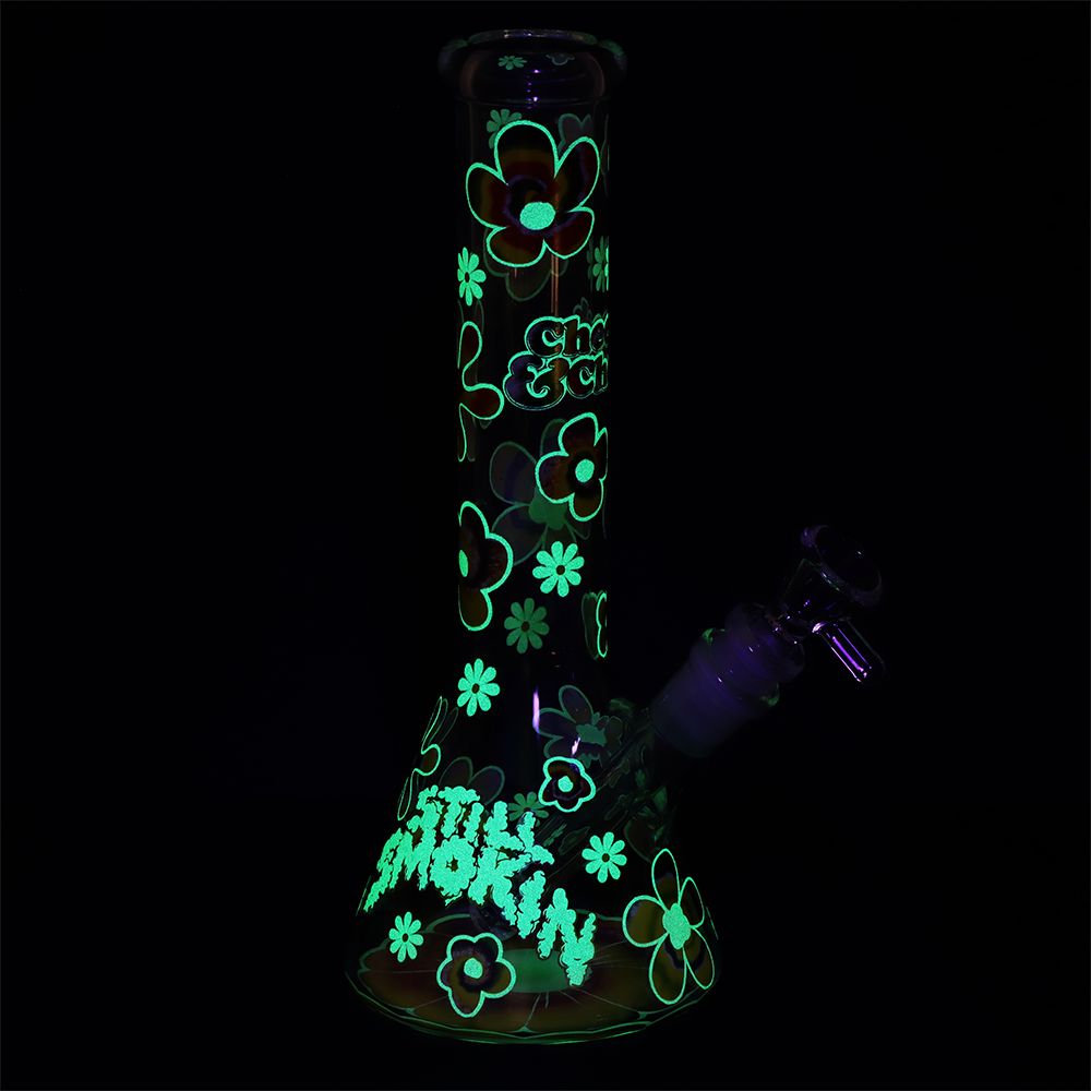 Cheech & Chong Glass Tie Dye Glow Glass Beaker Water Pipe - 10" / 14mm F - Discreet Smoker