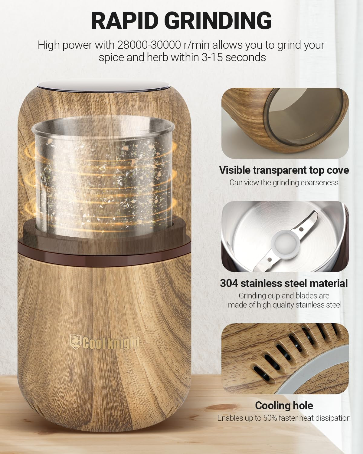 Electric Herb Grinder [Large Capacity/High Rotating Speed]-Electric Grinder for Spices and Herbs (Wood Grain 2)