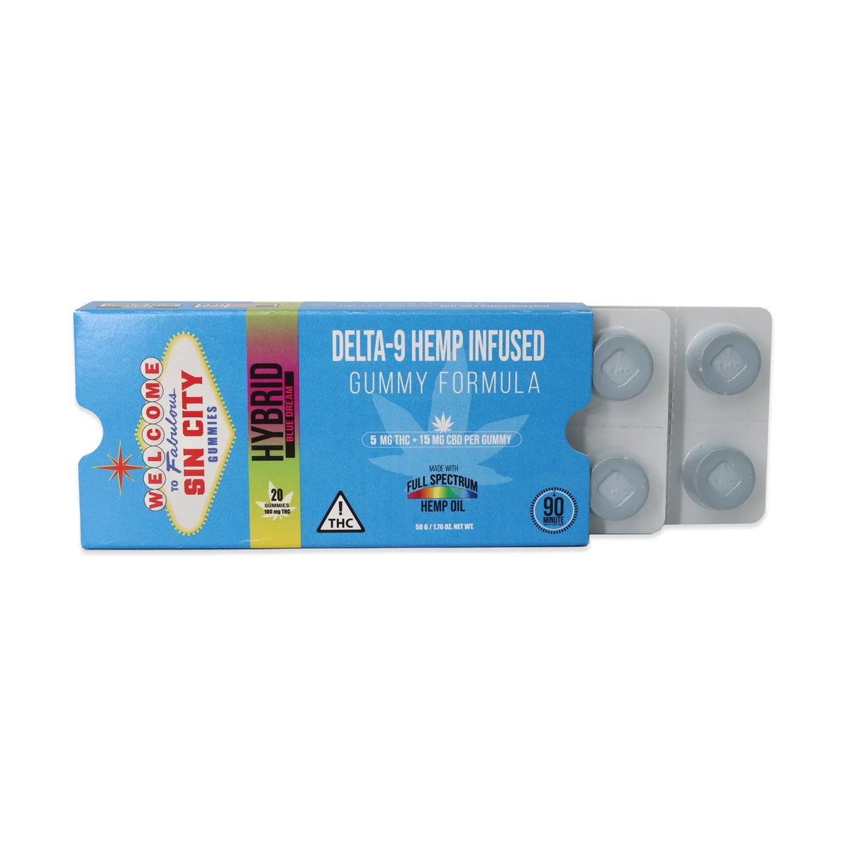 Sin City Delta-9 Gummies - 20 Pack Blue Raspberry - Hybrid Strain (Strong) - Discreet Smoker