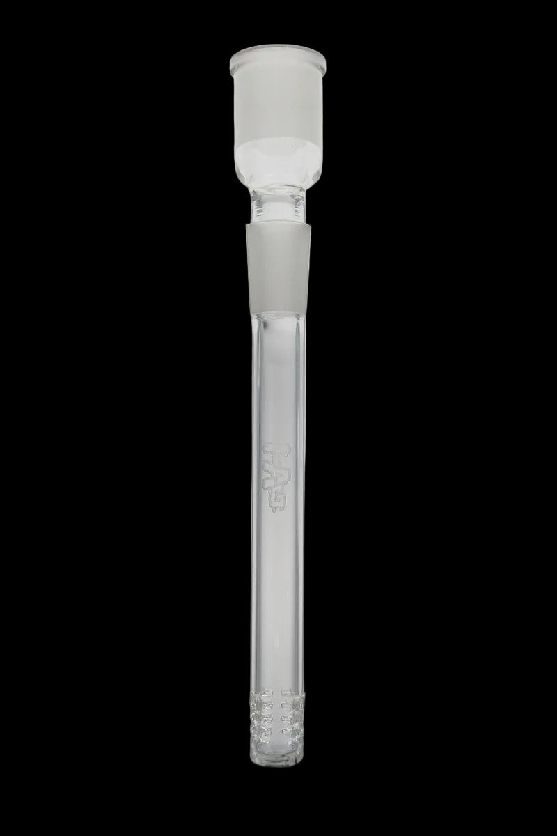Clear glass tube with white rubber gaskets on a light gray background