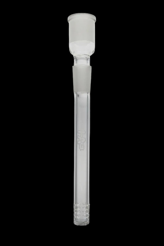 Clear glass tube with white rubber gaskets on a light gray background