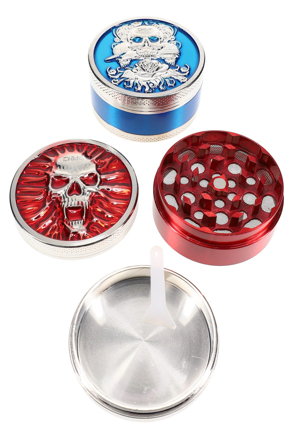 Colored 3-Part Metal Herb Grinder – Skull Lid – 2″ – Assorted - Discreet Smoker