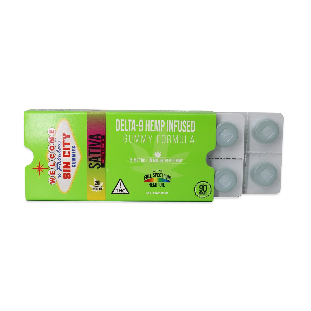 Sin City Delta-9 Gummies - 20 Pack Green Apple - Sativa Strain (Strong) - Discreet Smoker