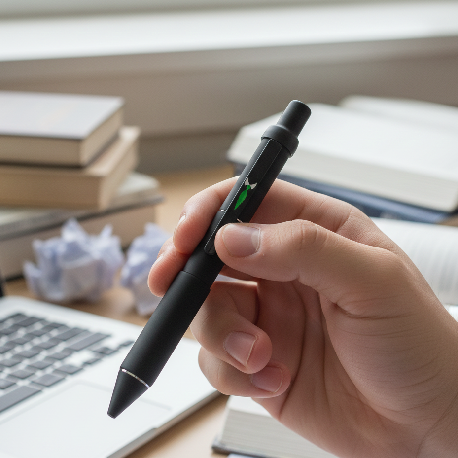 Hand holding a black pen with a stylus tip on a desk with books and a laptop in the background.