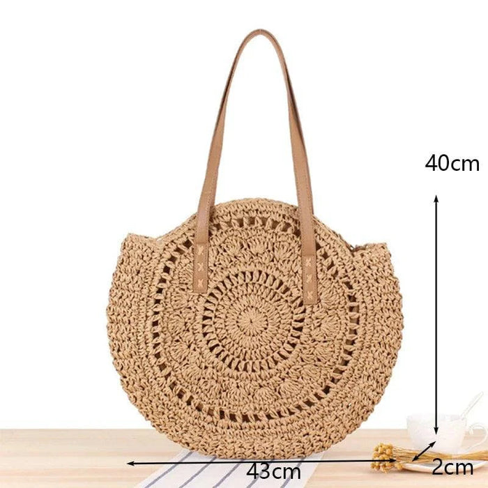 Round Straw Beach Bag, brown