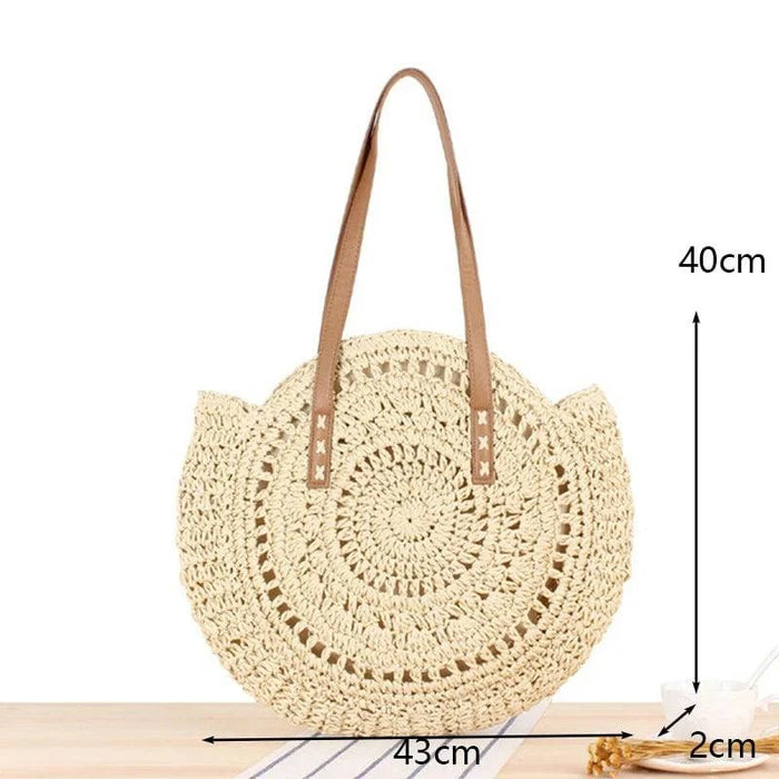 Round Straw Beach Bag, beige