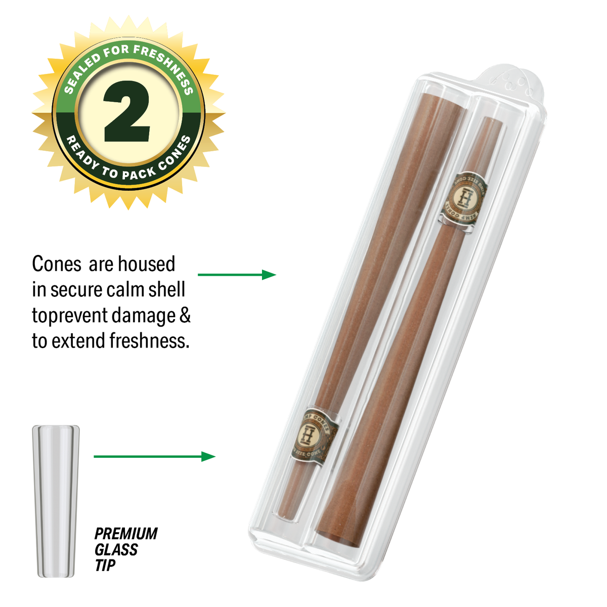 Pre-Rolled 2PK King Size Glass Tipped Hemp Cones| 12ct Display - Discreet Smoker