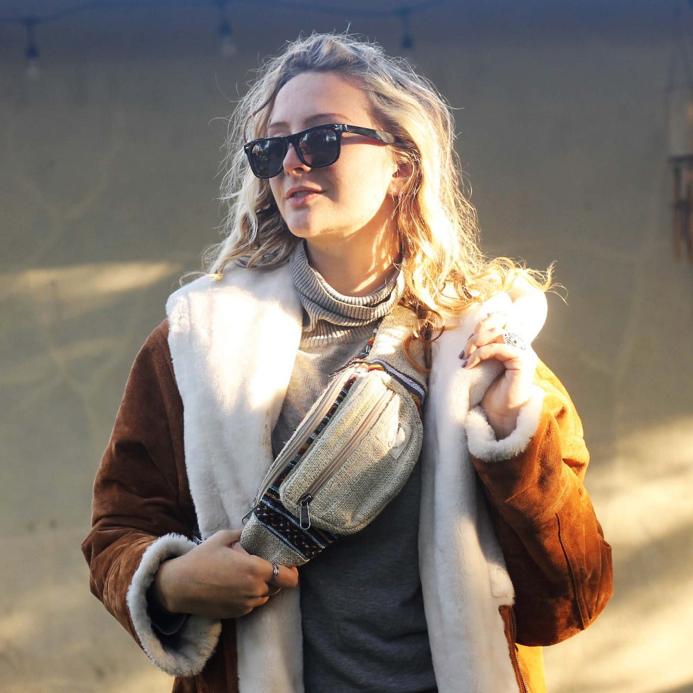 boho beige fanny pack on model
