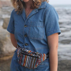 boho fanny pack with model on beach