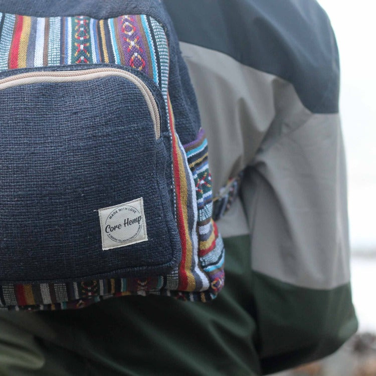 blue boho mini backpack zoomed in on model