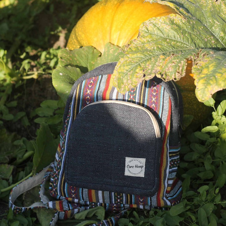 blue boho mini backpack next to pumpkin