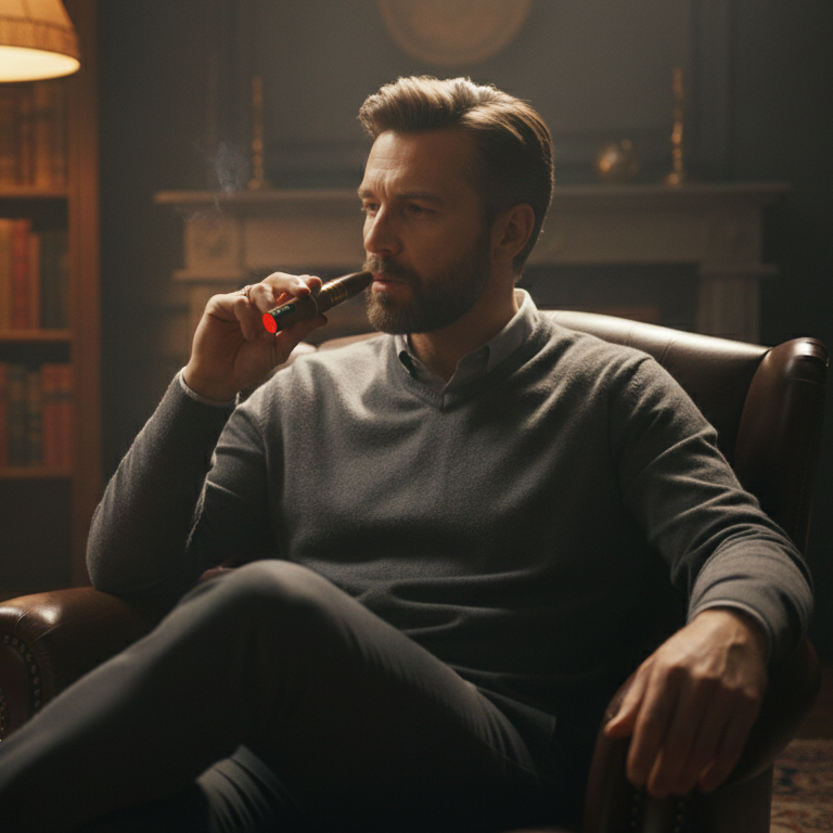 Man sitting in a dimly lit room with a lamp and bookshelf, holding a cigar