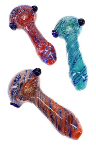 Silver-Fumed Frit Glass Spoon Pipe “Stripe Storm” – 4½″ – Assorted Colors - Discreet Smoker
