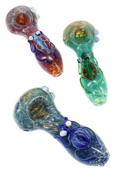 Silver Fumed Frit Glass Critter Spoon Pipe “Tiny Beast” – 4½″ – Assorted Colors - Discreet Smoker