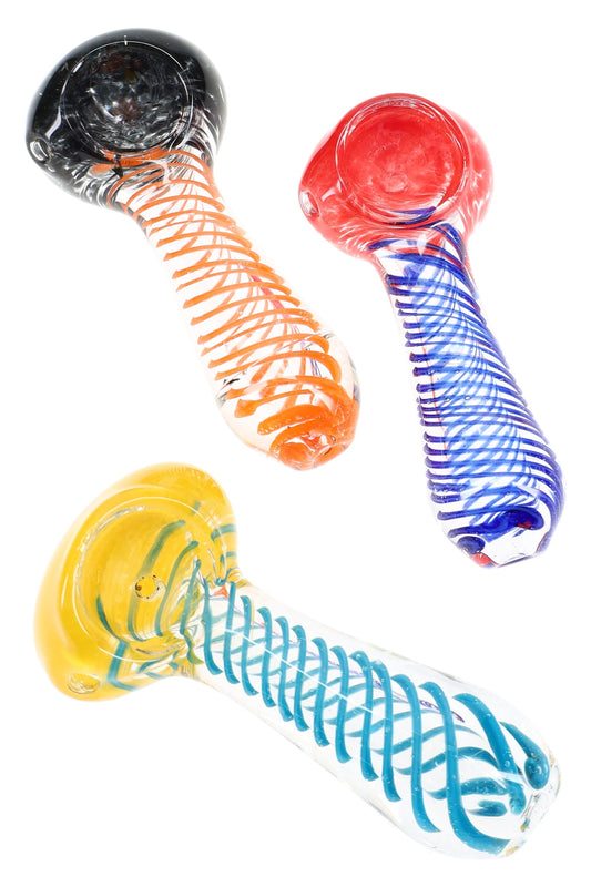 Clear Spiral Frit Glass Spoon Pipe “Spiral Spritz” – 3½″ – Assorted Colors - Discreet Smoker