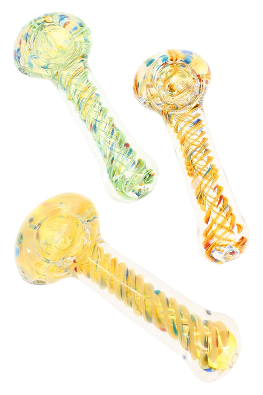 Color-Changing Frit Spiral Striped Glass Hand Pipe “Color Cyclone” – 3½″ – Assorted Colors - Discreet Smoker