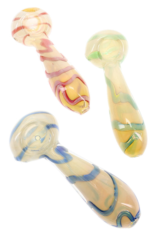 Silver Fumed Frit Striped Glass Spoon Pipe “Candy Ribbon” – 4″ – Assorted - Discreet Smoker