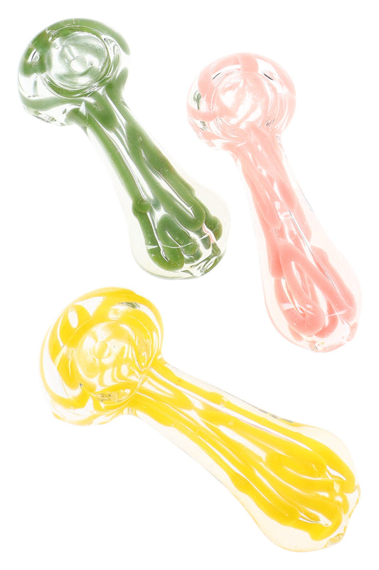 Clear Squiggle Stripe Spoon Pipe “Candy Drip” – 3½″ – Assorted Colors - Discreet Smoker