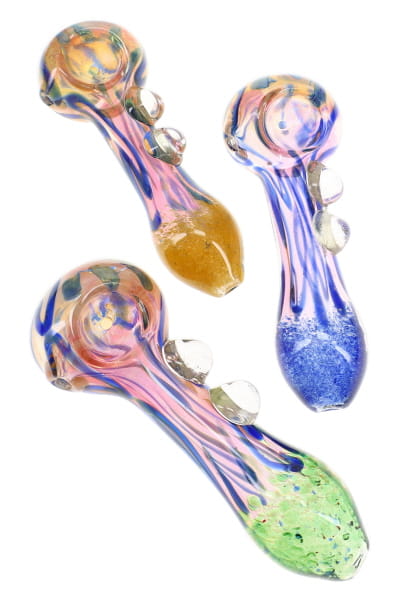 Gold Fumed Frit Striped Glass Spoon Pipe “Frit Flicker” – 5″ – Assorted Colors - Discreet Smoker