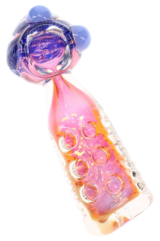 Gold Fumed Striped Glass Hand Pipe “Bubble Column” – 4½″ – Assorted Colors - Discreet Smoker