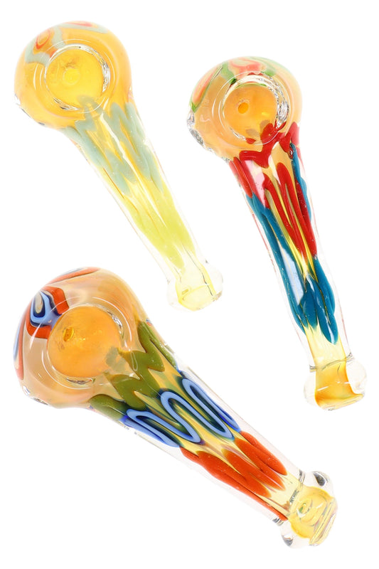 Silver Fumed Squiggle Stripe Glass Spoon Pipe “Squigz” – 3½″ – Assorted Colors - Discreet Smoker