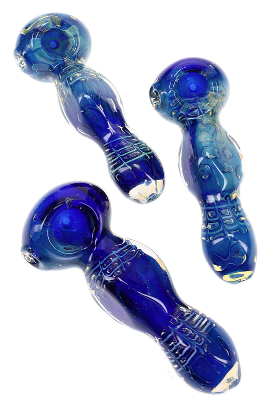 Silver-Fumed Blue Bubble Glass Spoon Pipe “Deep Orbit” – 4½″ - Discreet Smoker