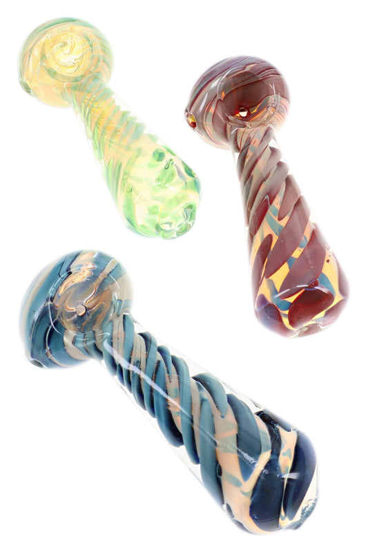 Silver-Fumed Spiral Bubble Glass Spoon Pipe “Swirl Stack” – 4½″ – Assorted Colors - Discreet Smoker