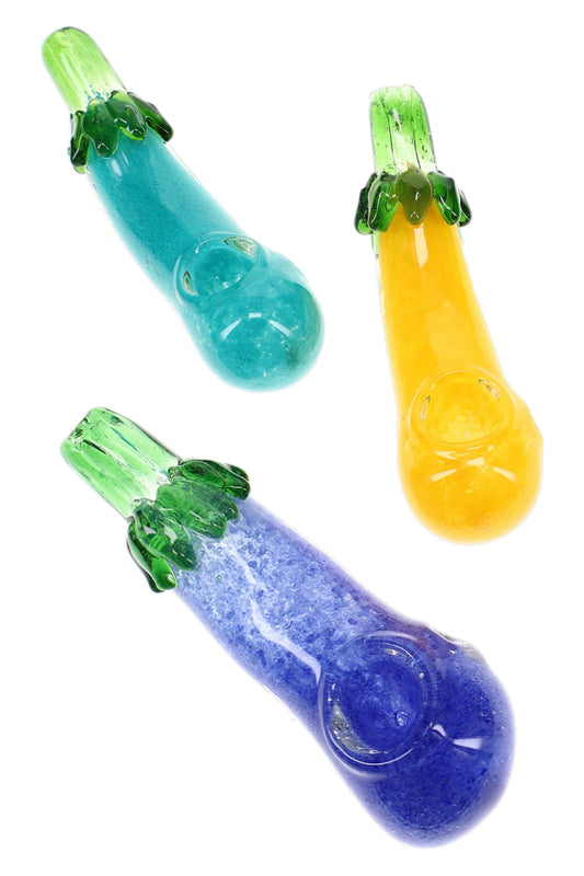 Colorful Frit Eggplant Glass Spoon Pipe “Garden Giggle” – 5½″ – Assorted Colors - Discreet Smoker