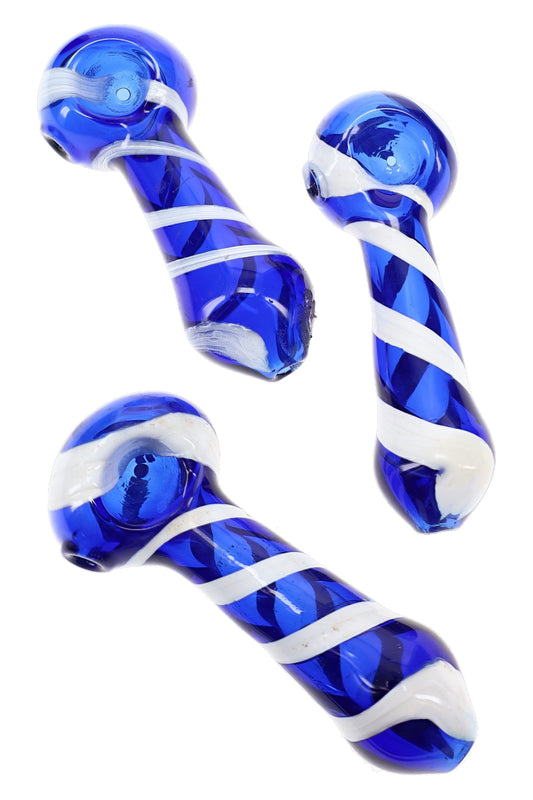 Painted White Stripe Glass Spoon Pipe “Orbit Twist” – 4″ – Assorted Colors - Discreet Smoker