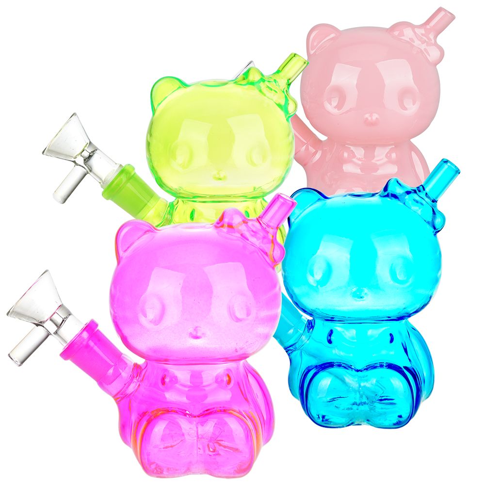 Hey There Kitty Glass Water Pipe - 4" / 14mm F / Colors Vary - Discreet Smoker