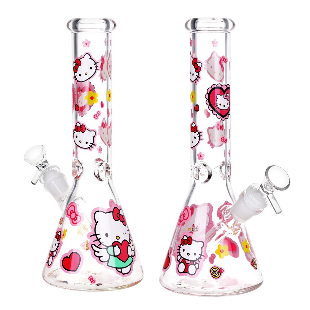Heart Loving Cute Kitty Beaker Glass Water Pipe - 10" / 14mm F - Discreet Smoker
