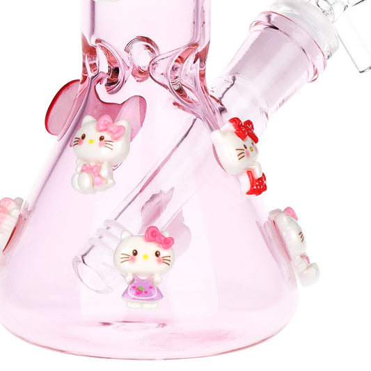 Wassup Kitty Beaker Glass Water Pipe - 8" / 14mm F / Pink - Discreet Smoker