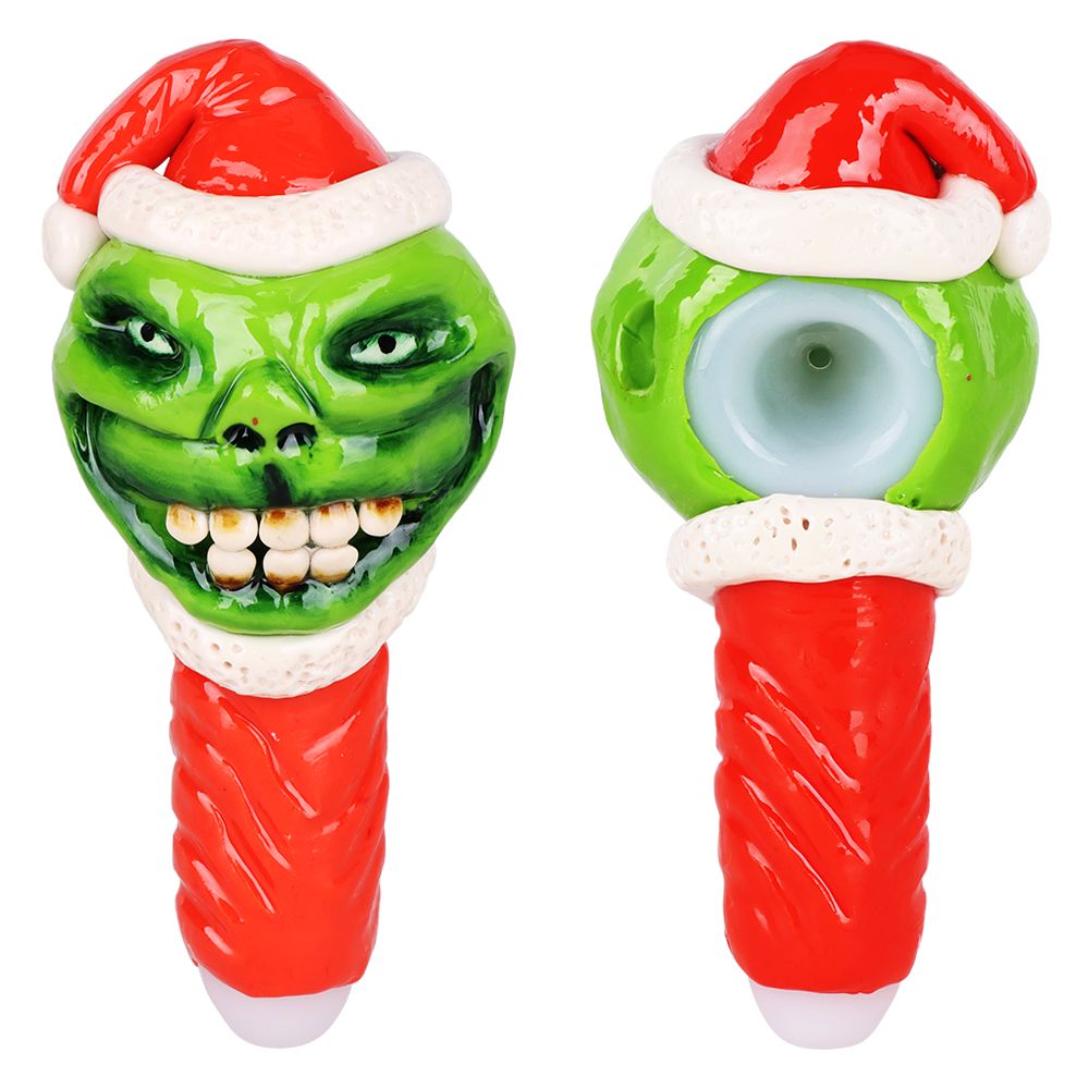 Grinch Enamel Resin Sculpted Glass Spoon Pipe - 6"
