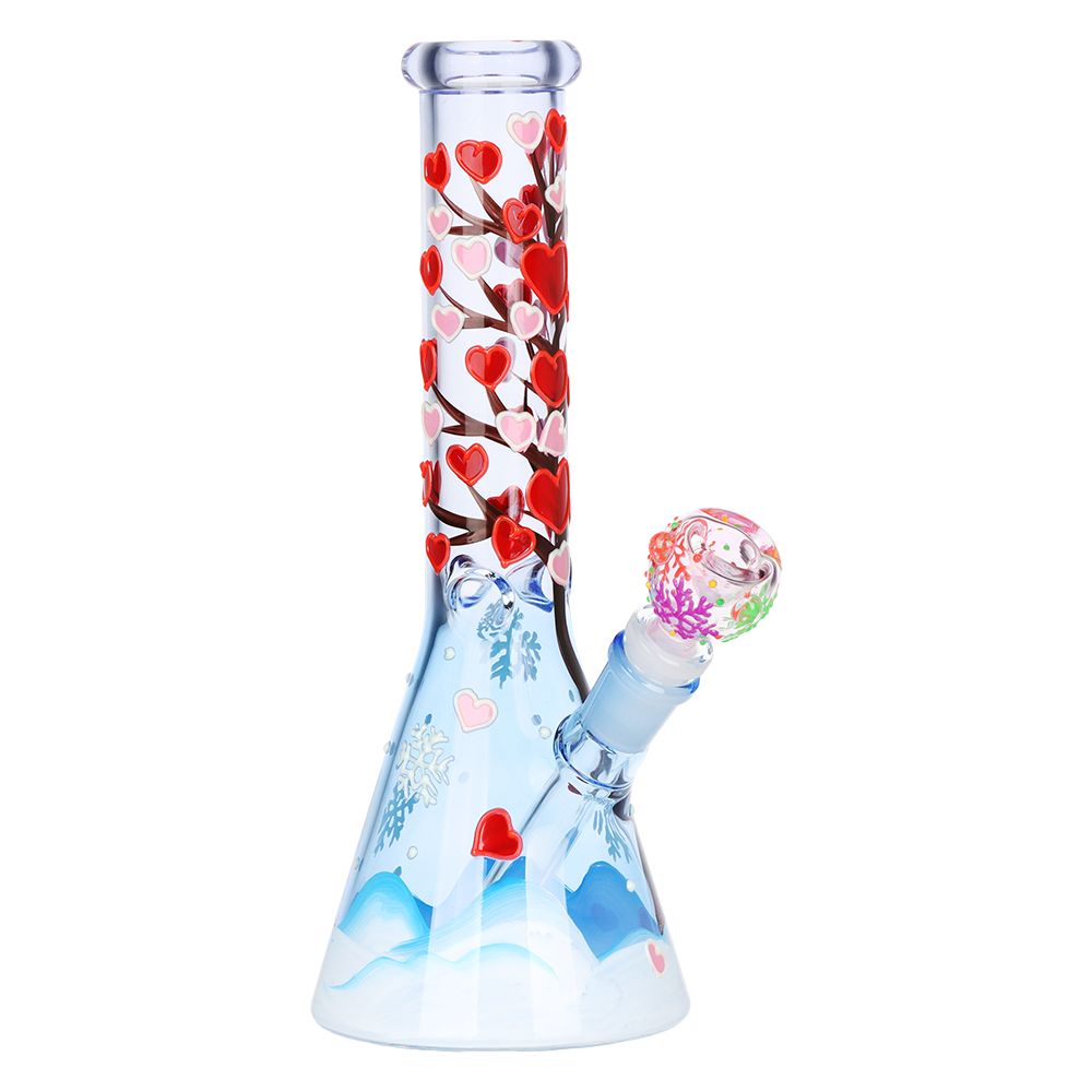 Heart Blossom Beaker Glass Water Pipe - 10" / 14mm F - Discreet Smoker