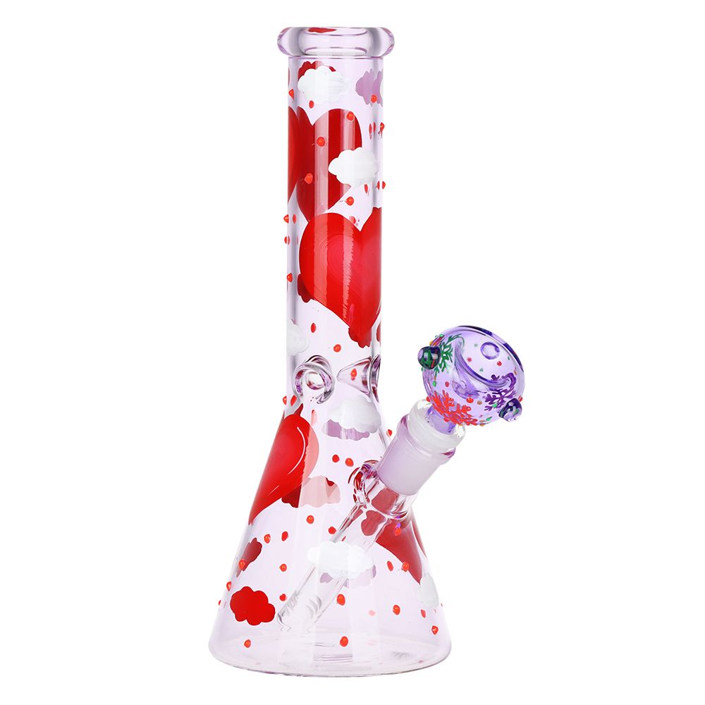 Pinky Hearts Beaker Glass Water Pipe - 10" / 14mm F - Discreet Smoker