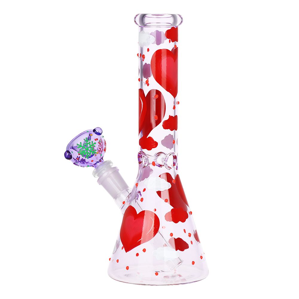 Pinky Hearts Beaker Glass Water Pipe - 10" / 14mm F - Discreet Smoker