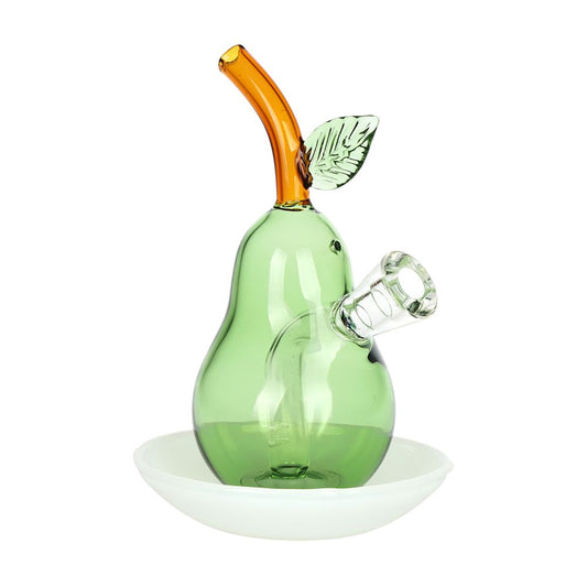 Perfect Pear on Dish Glass Cone Bubbler - 4.5" / Green - Discreet Smoker