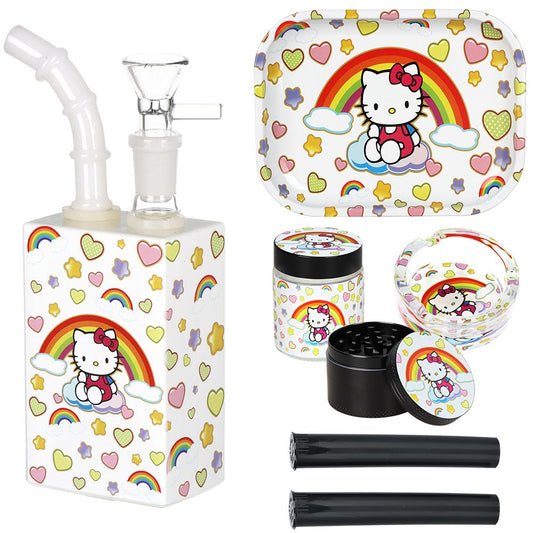 Cute Kitty Juicebox Glass Water Pipe Smoker's Travel Kit - 7" / 14mm F / Rainbow Kitty - Discreet Smoker