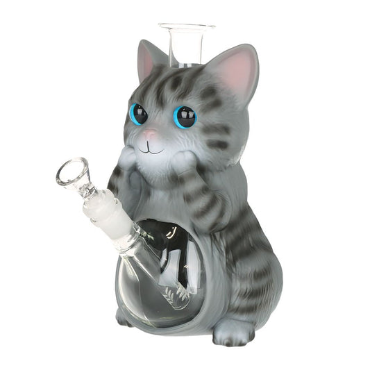 Grey Tabby Cat Glass & Vinyl Water Pipe - 9" / 14mm F - Discreet Smoker