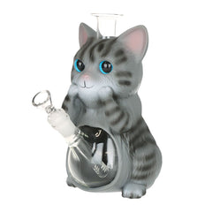 Grey Tabby Cat Glass & Vinyl Water Pipe - 9" / 14mm F - Discreet Smoker