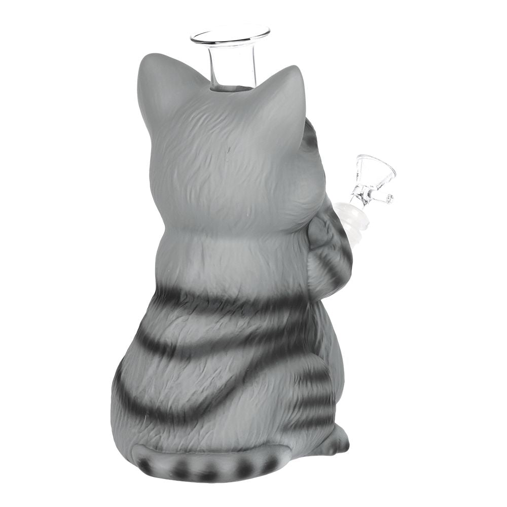 Grey Tabby Cat Glass & Vinyl Water Pipe - 9" / 14mm F - Discreet Smoker