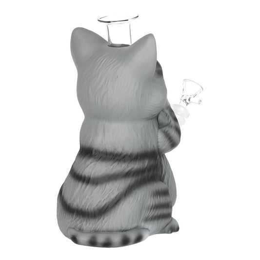 Grey Tabby Cat Glass & Vinyl Water Pipe - 9" / 14mm F - Discreet Smoker